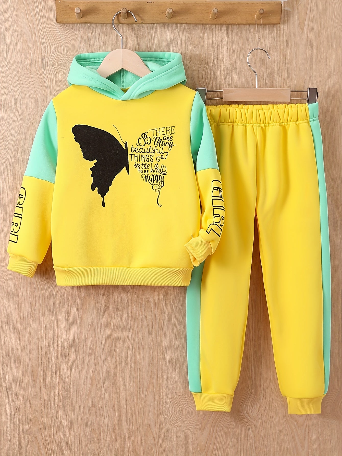 2-piece girls' fleece hoodie sweater with butterfly print trousers - Angel