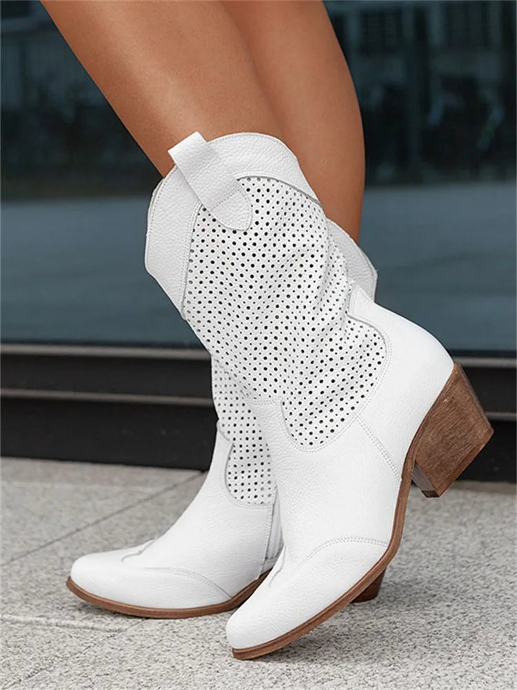 Bottes pour femmes occidentales avec talon bas et tige mi-mollet