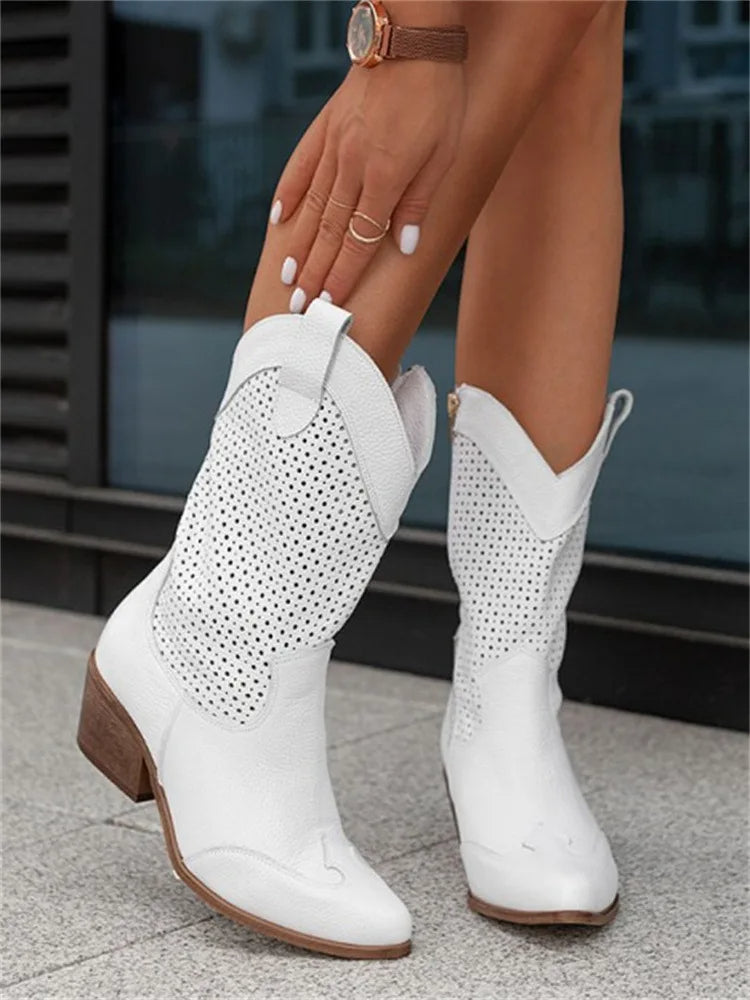 Bottes pour femmes occidentales avec talon bas et tige mi-mollet