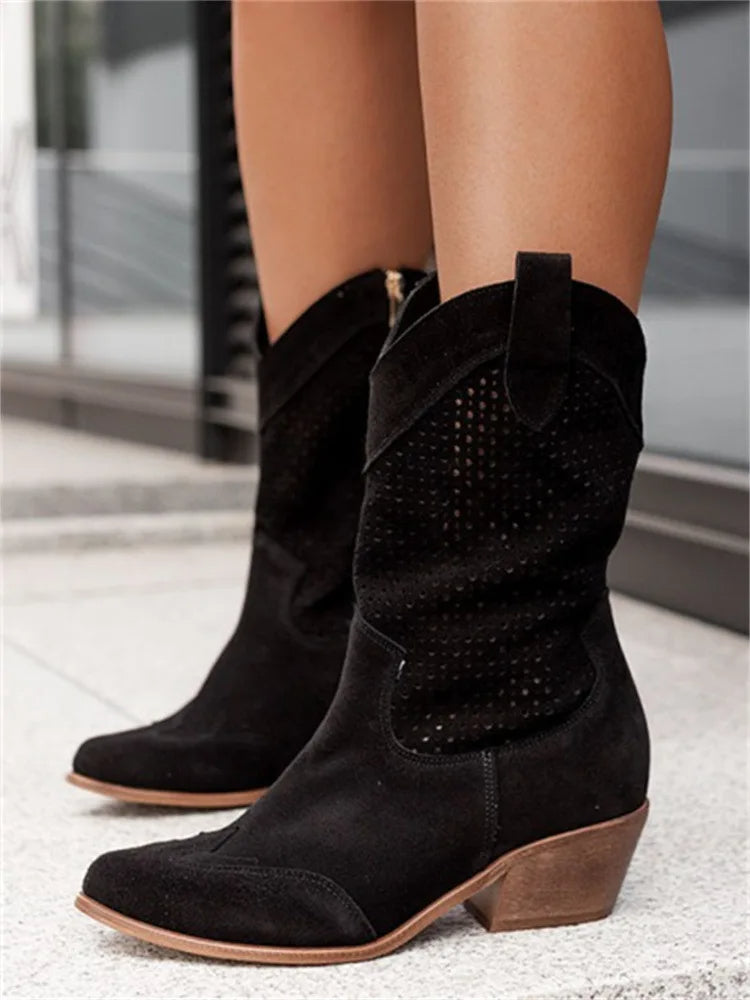Bottes pour femmes occidentales avec talon bas et tige mi-mollet