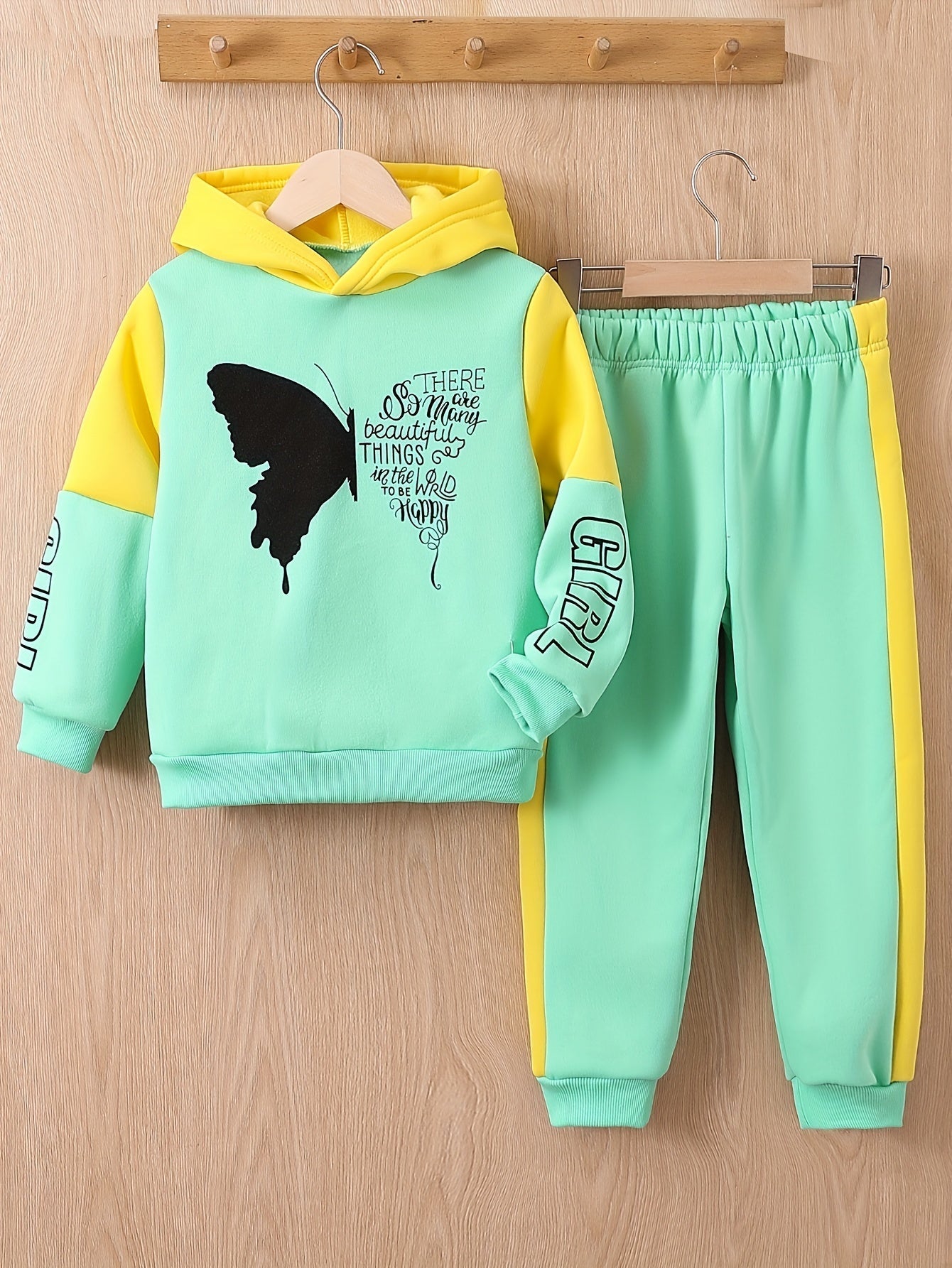 2-piece girls' fleece hoodie sweater with butterfly print trousers - Angel