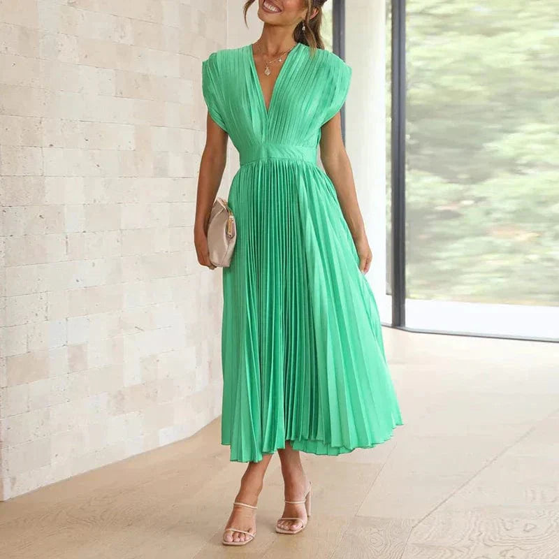 Robe Maxi Plissée à Col V - Adele