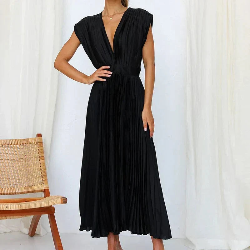 Robe Maxi Plissée à Col V - Adele