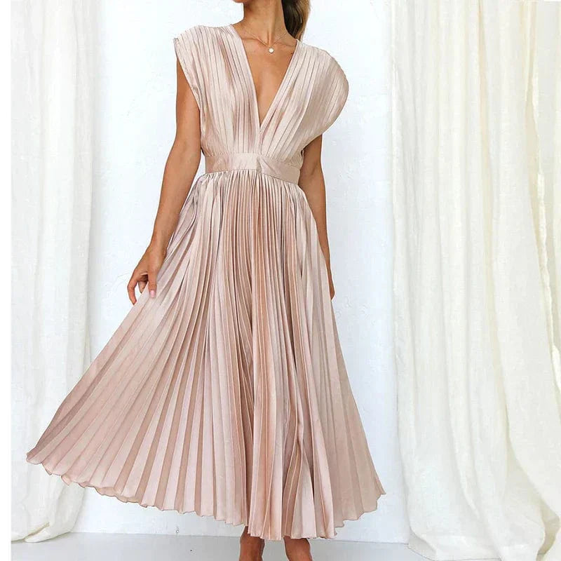 Robe Maxi Plissée à Col V - Adele
