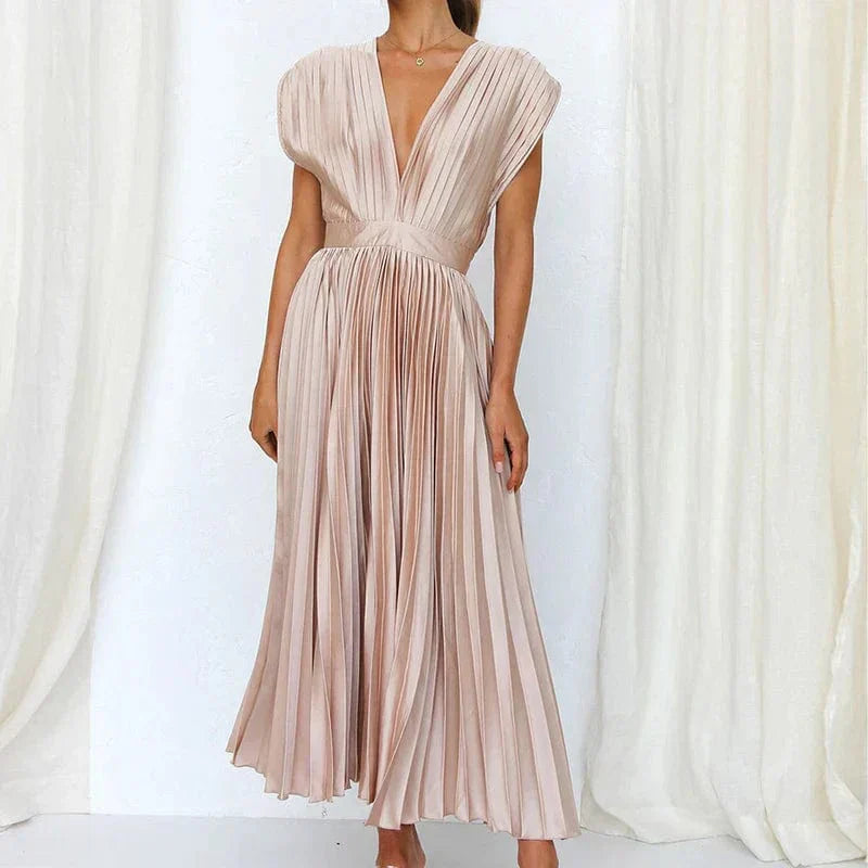 Robe Maxi Plissée à Col V - Adele