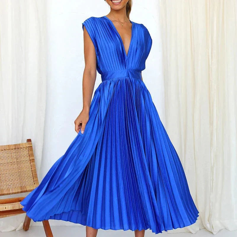 Robe Maxi Plissée à Col V - Adele
