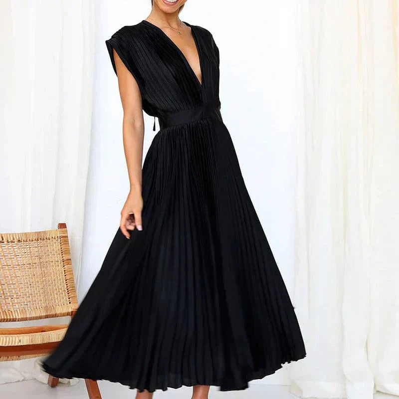 Robe Maxi Plissée à Col V - Adele