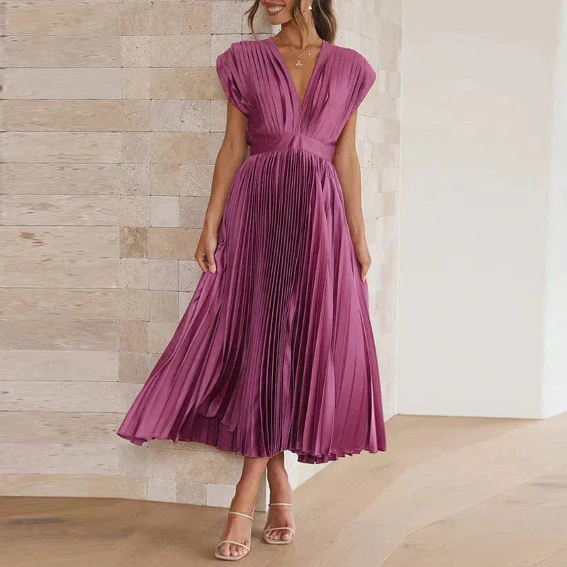 Robe Maxi Plissée à Col V - Adele