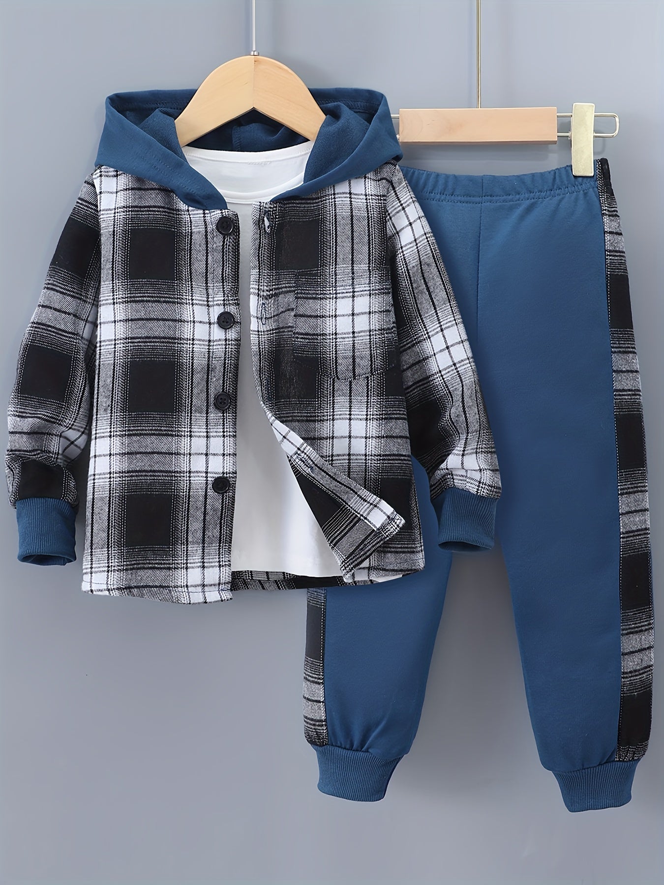 2-Piece Boys' Checked Hoodie & Tracksuit Bottoms with Long Sleeves - Filipe