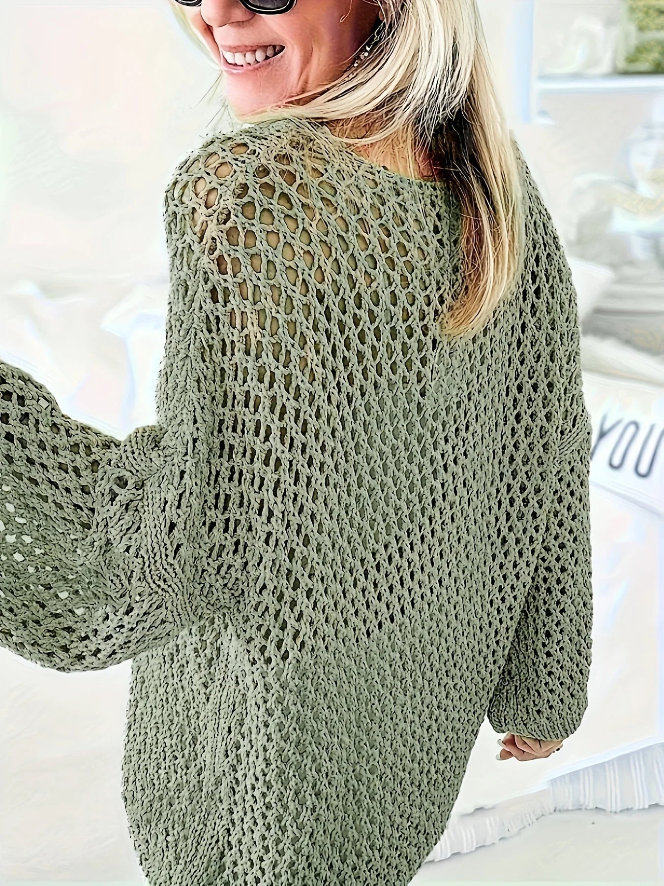 Pull-over bohémien en résille pour femmes avec manches trois-quarts
