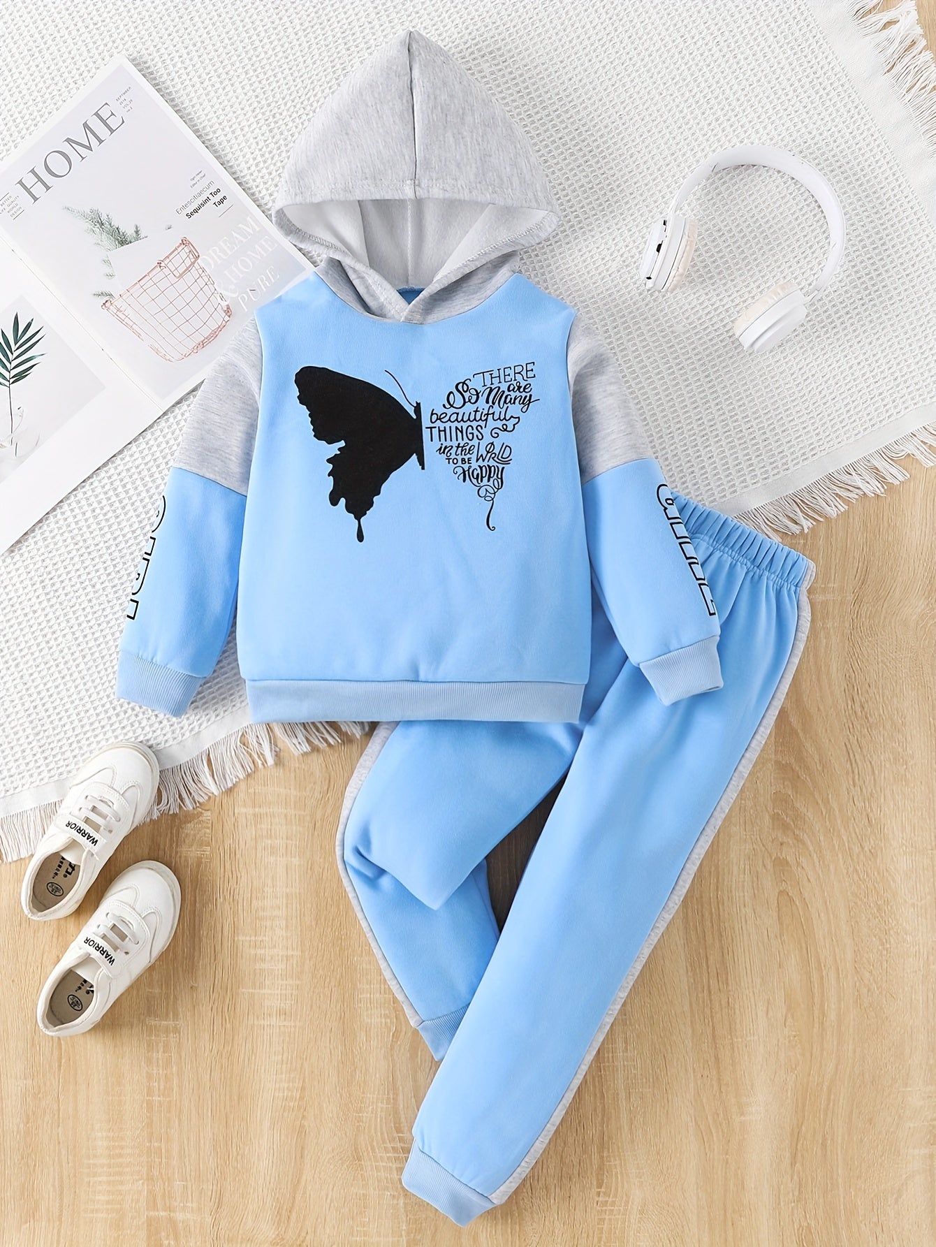 2-piece girls' fleece hoodie sweater with butterfly print trousers - Angel