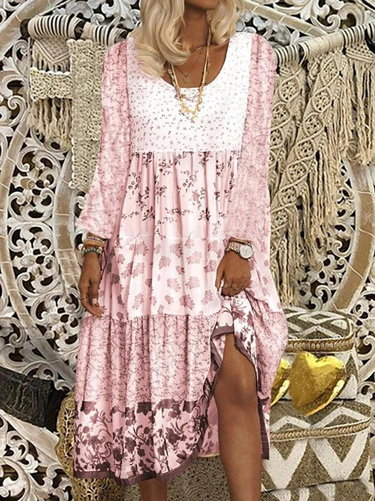 Robe bohème pour femmes avec col en O et motif floral - Gisela