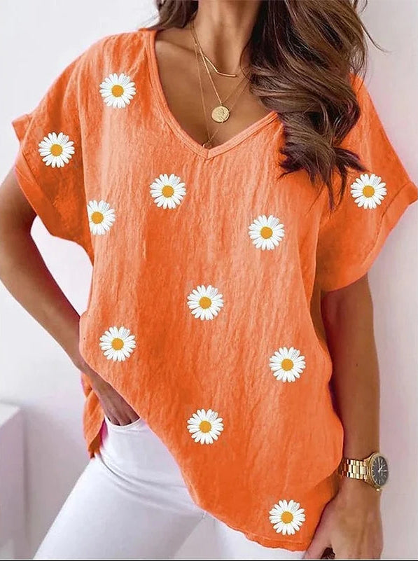 Ainara – Casual V-Neck T-Shirt with 3D Floral Print