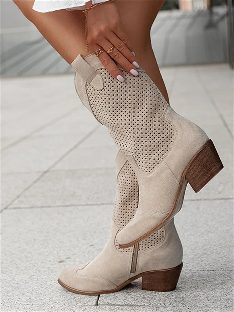 Bottes pour femmes occidentales avec talon bas et tige mi-mollet