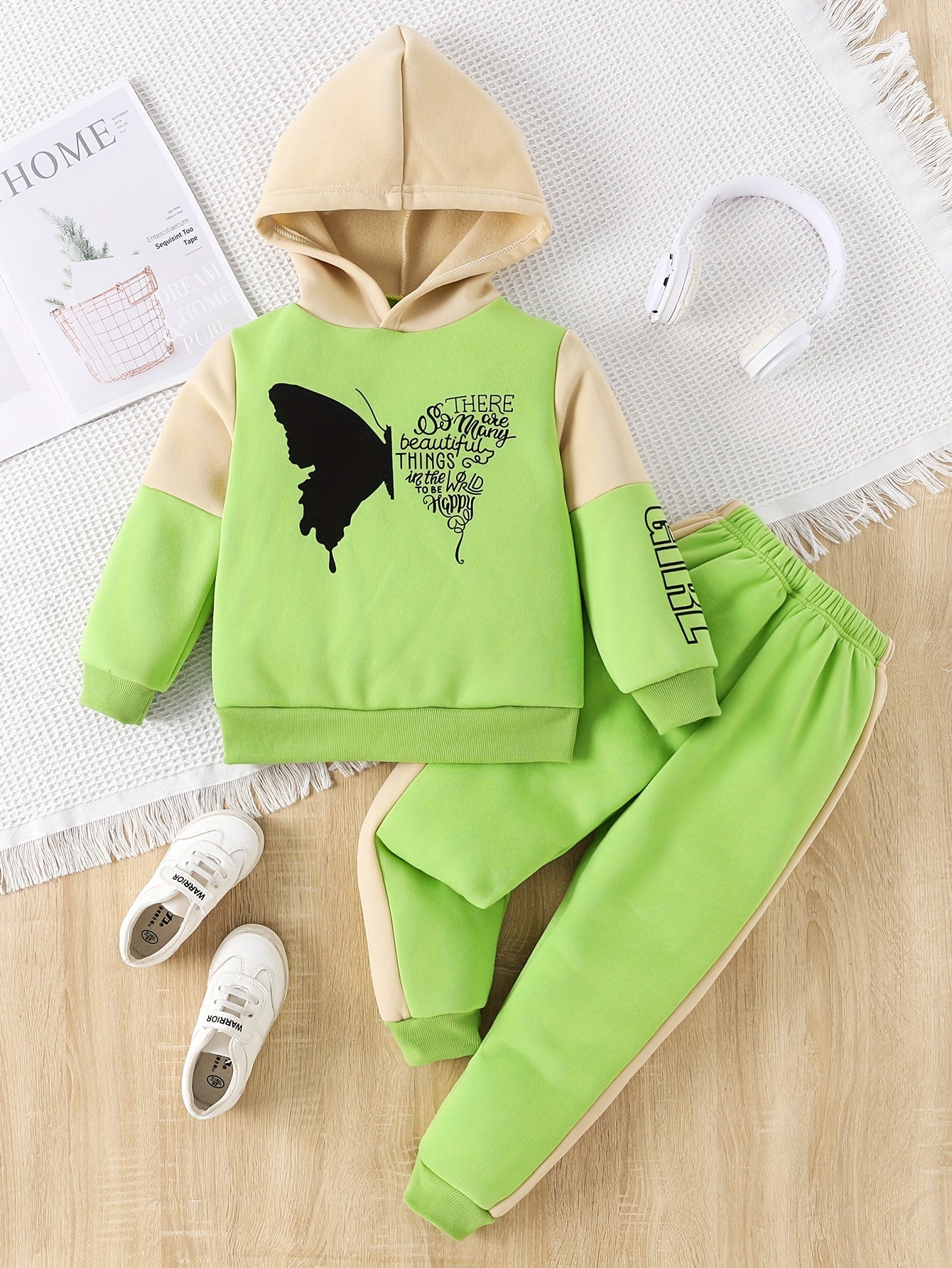 2-piece girls' fleece hoodie sweater with butterfly print trousers - Angel