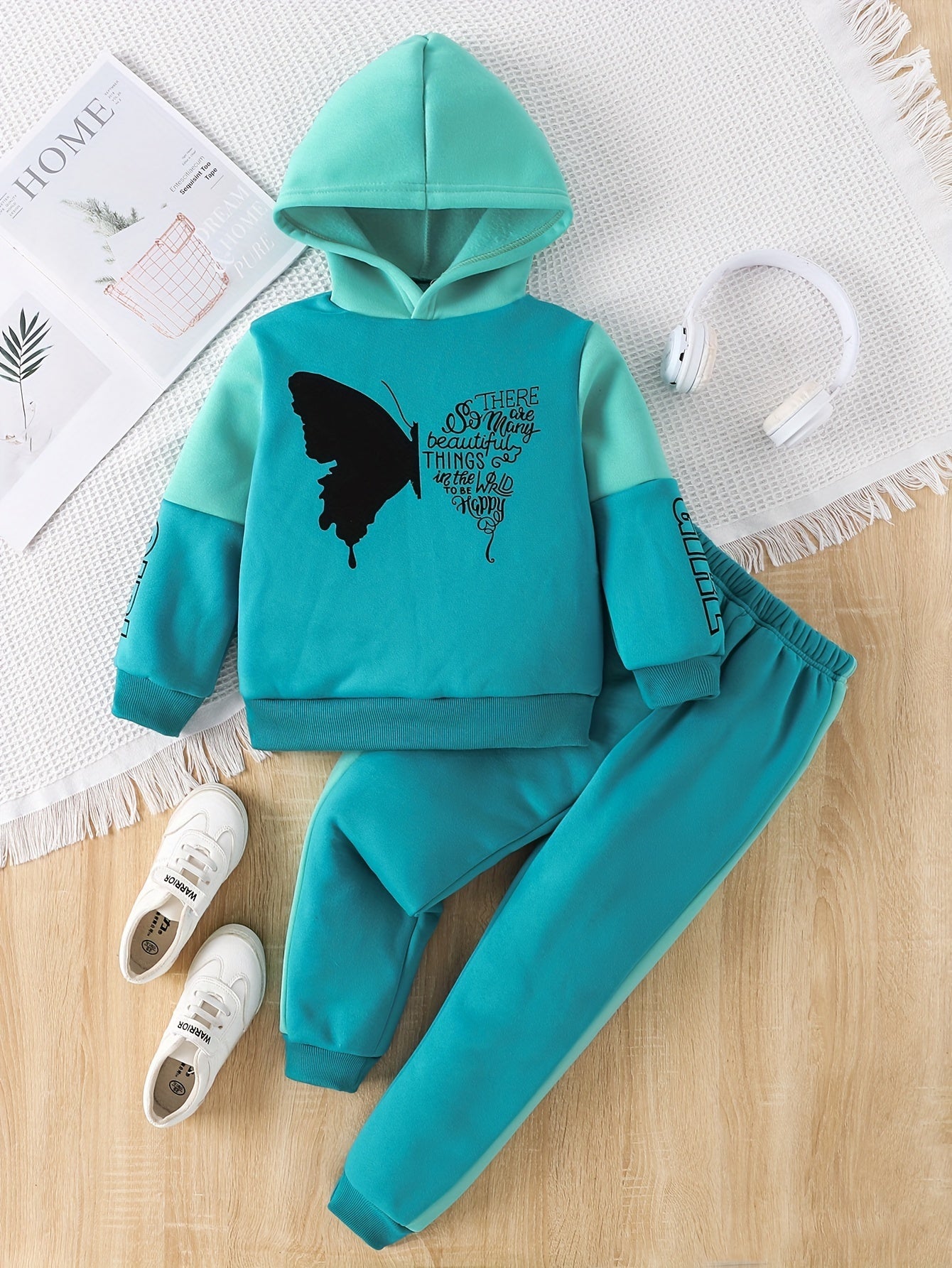 2-piece girls' fleece hoodie sweater with butterfly print trousers - Angel