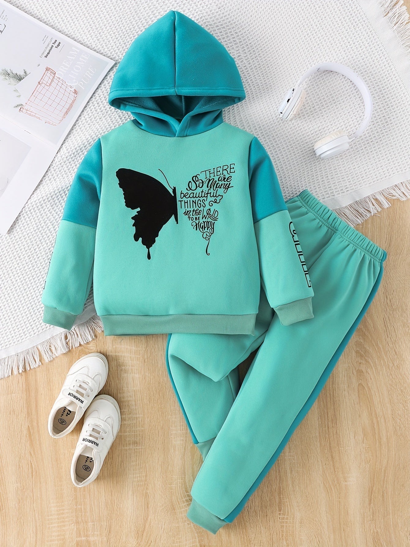 2-piece girls' fleece hoodie sweater with butterfly print trousers - Angel