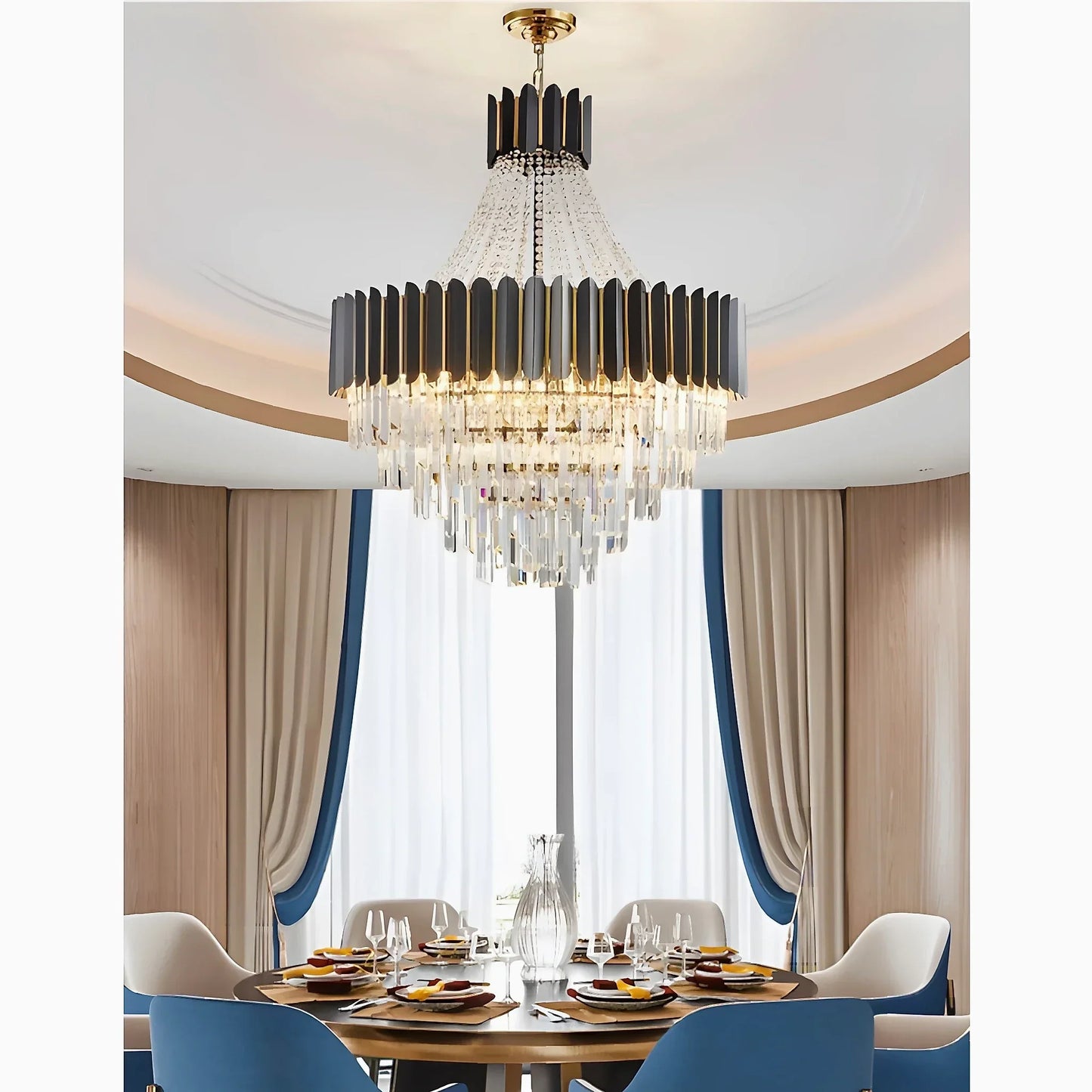 NightAura - Round Chandelier with Black Crystal and Gunmetal Finish