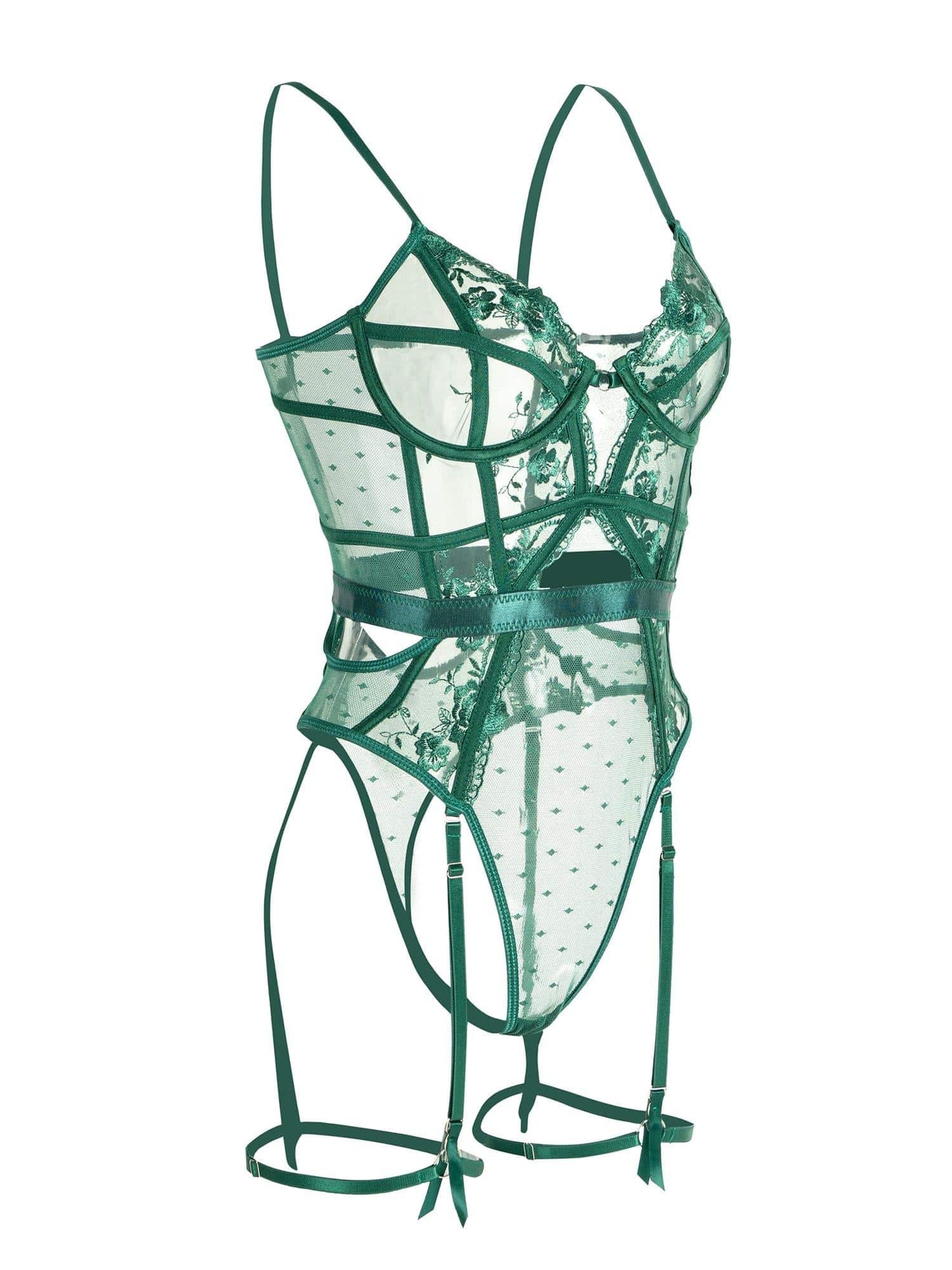 Mélodie - Lingerie corps en dentelle verte avec armatures