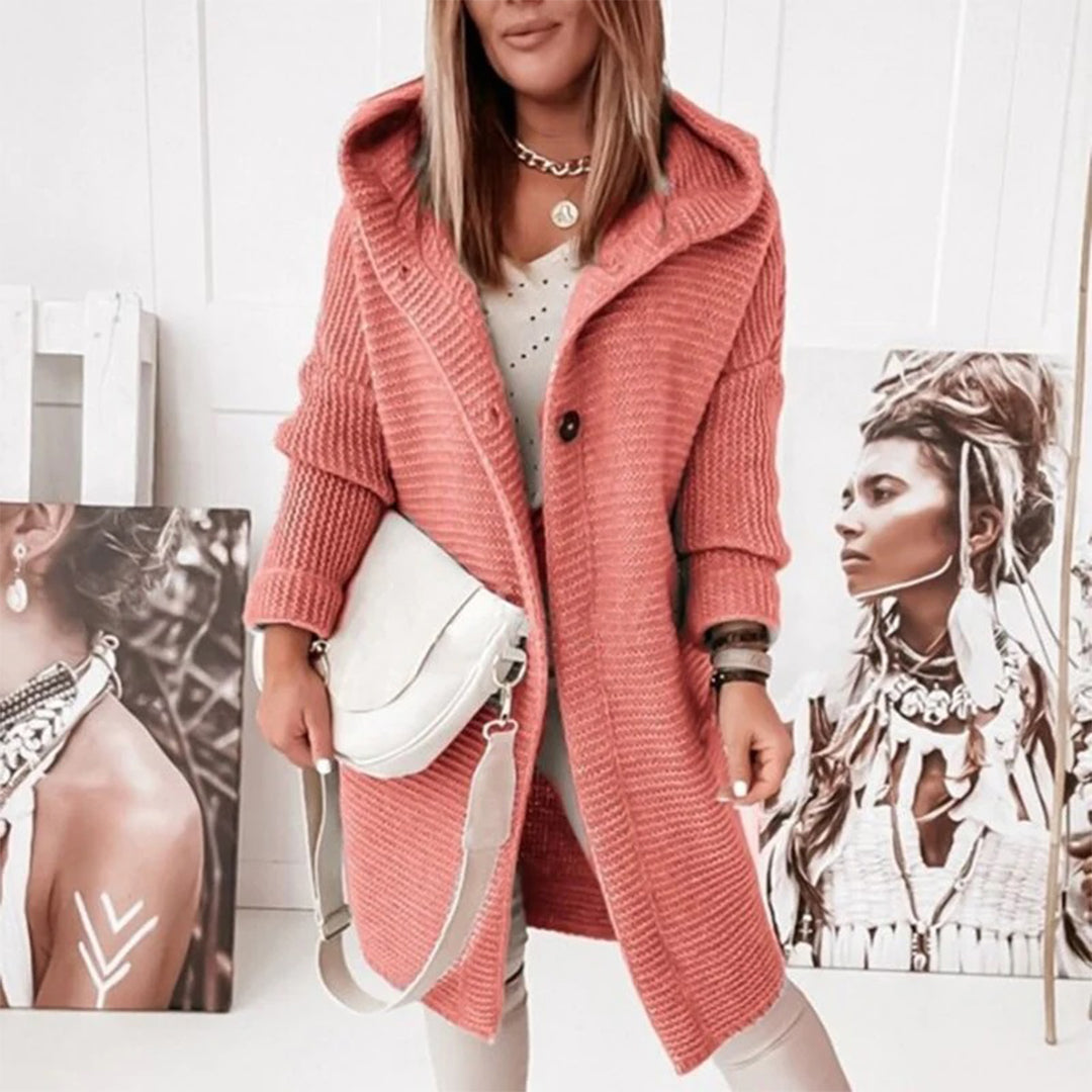 Cardigan pour femmes en maille mi-longue avec boutons et capuche - Ella