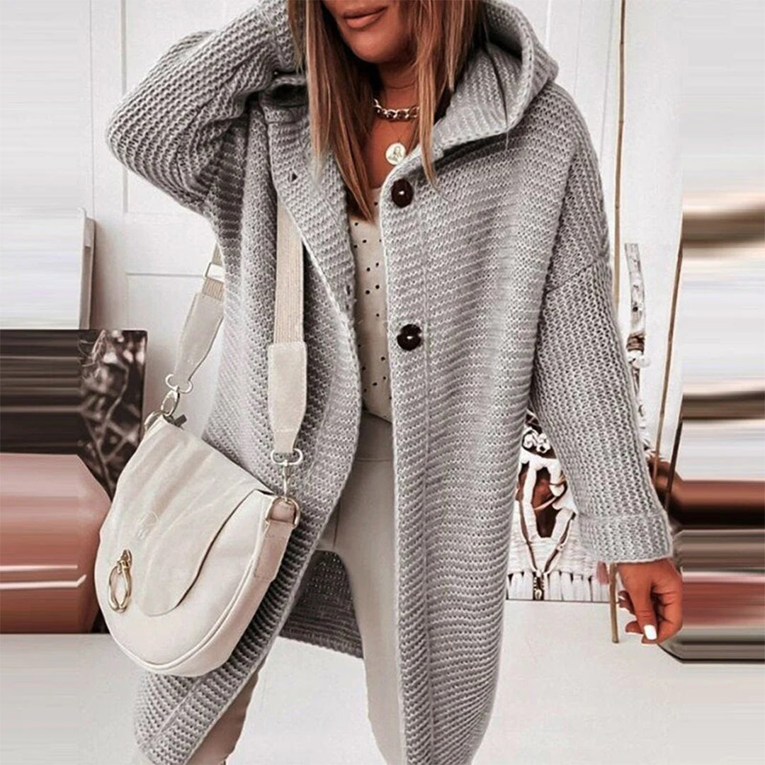 Cardigan pour femmes en maille mi-longue avec boutons et capuche - Ella