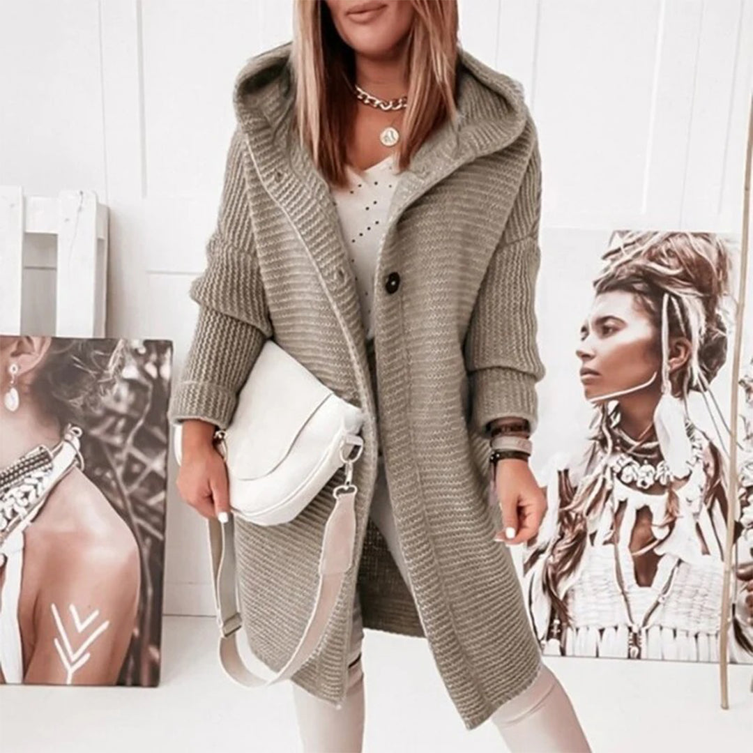 Cardigan pour femmes en maille mi-longue avec boutons et capuche - Ella