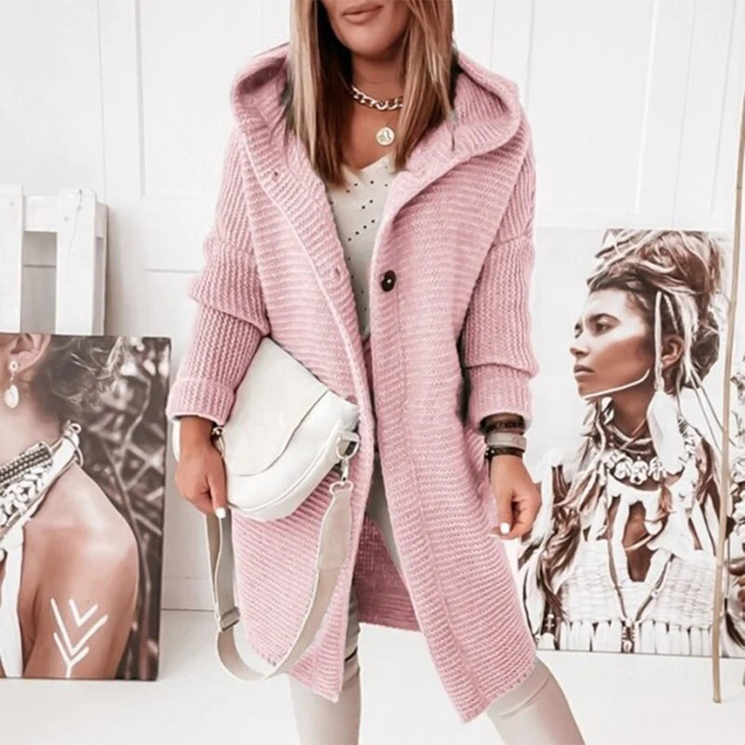 Cardigan pour femmes en maille mi-longue avec boutons et capuche - Ella
