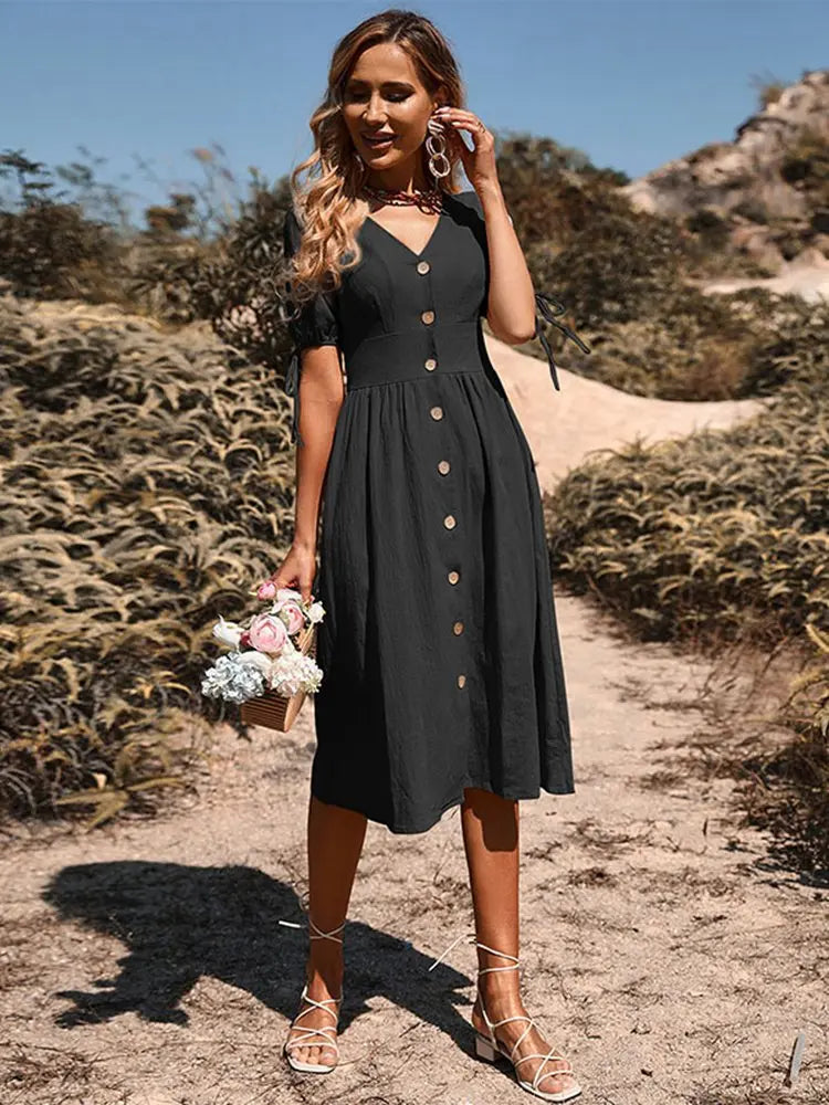 Robe en coton à col en V printemps/été - Annelies