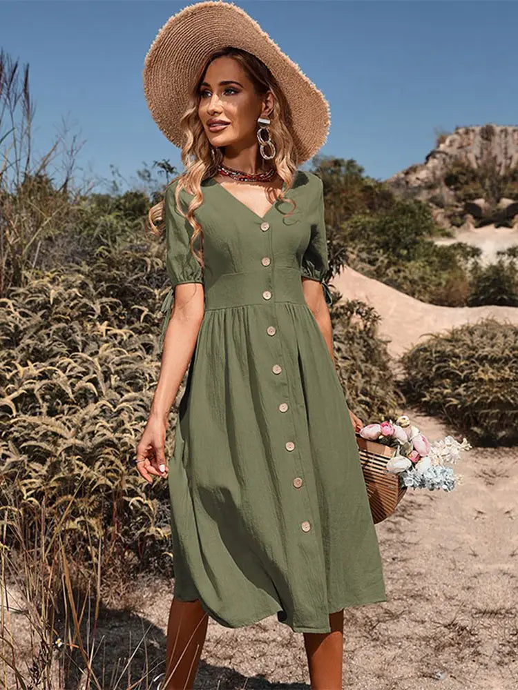 Robe en coton à col en V printemps/été - Annelies