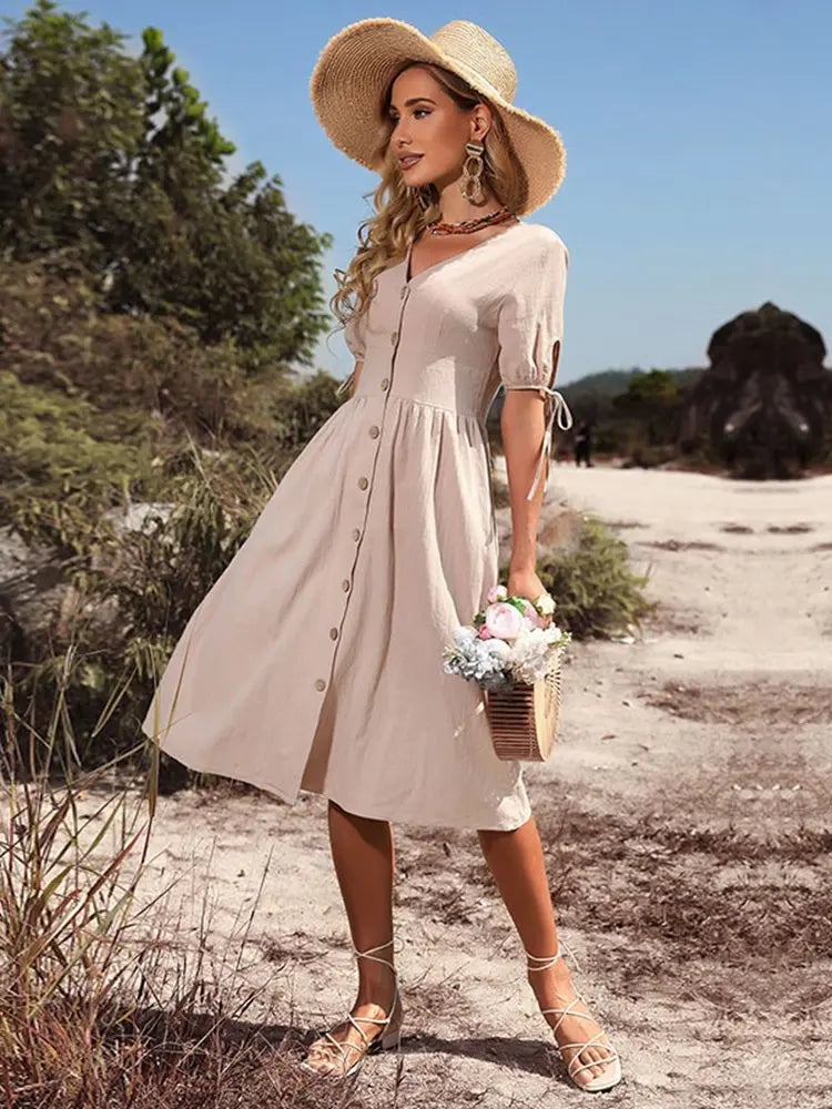 Robe en coton à col en V printemps/été - Annelies