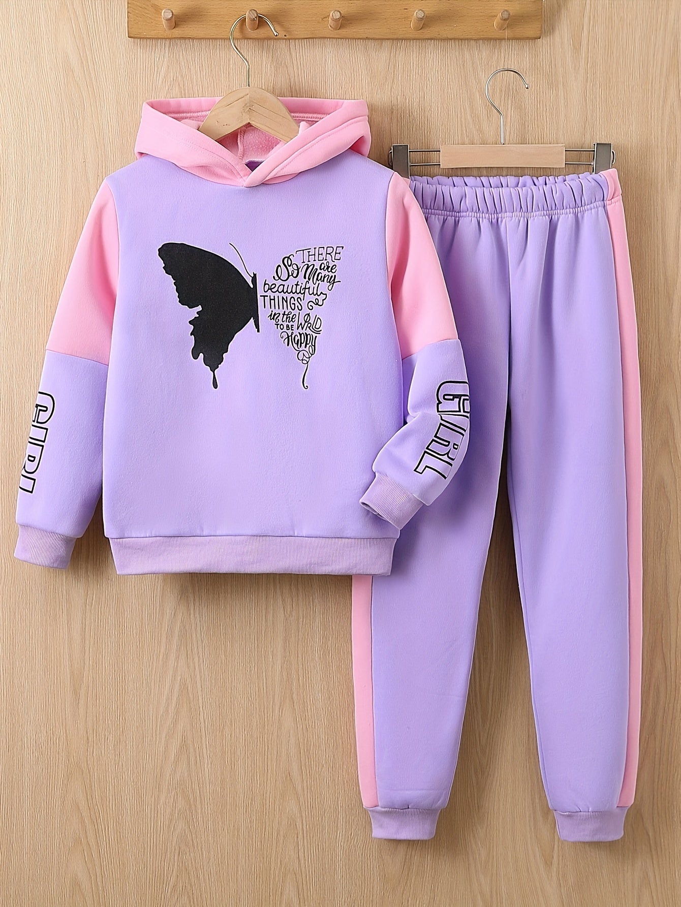 2-piece girls' fleece hoodie sweater with butterfly print trousers - Angel