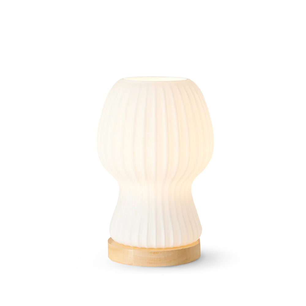 GlowFold – Foldet Glas Bordlampe med Træfod