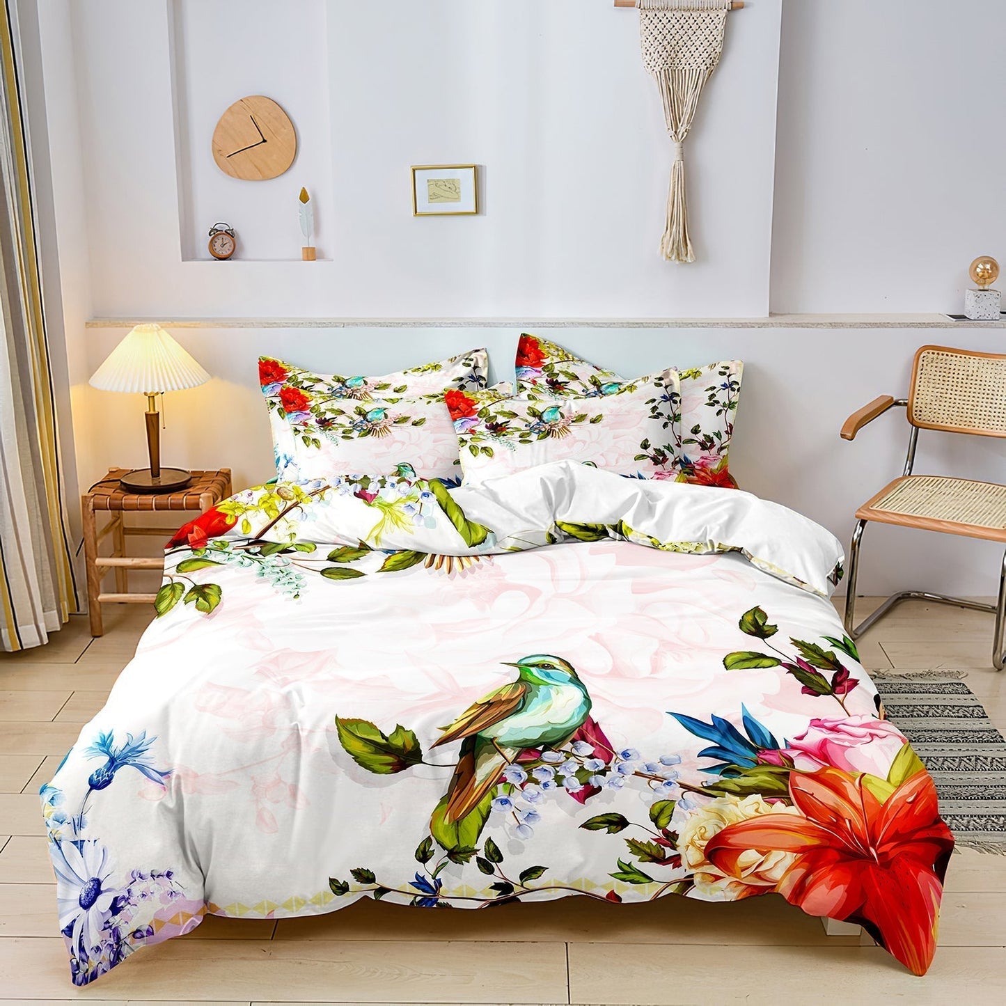 FloralFlight - Luxus-Bettbezug-Set mit Blumen- und Vogelmotiv