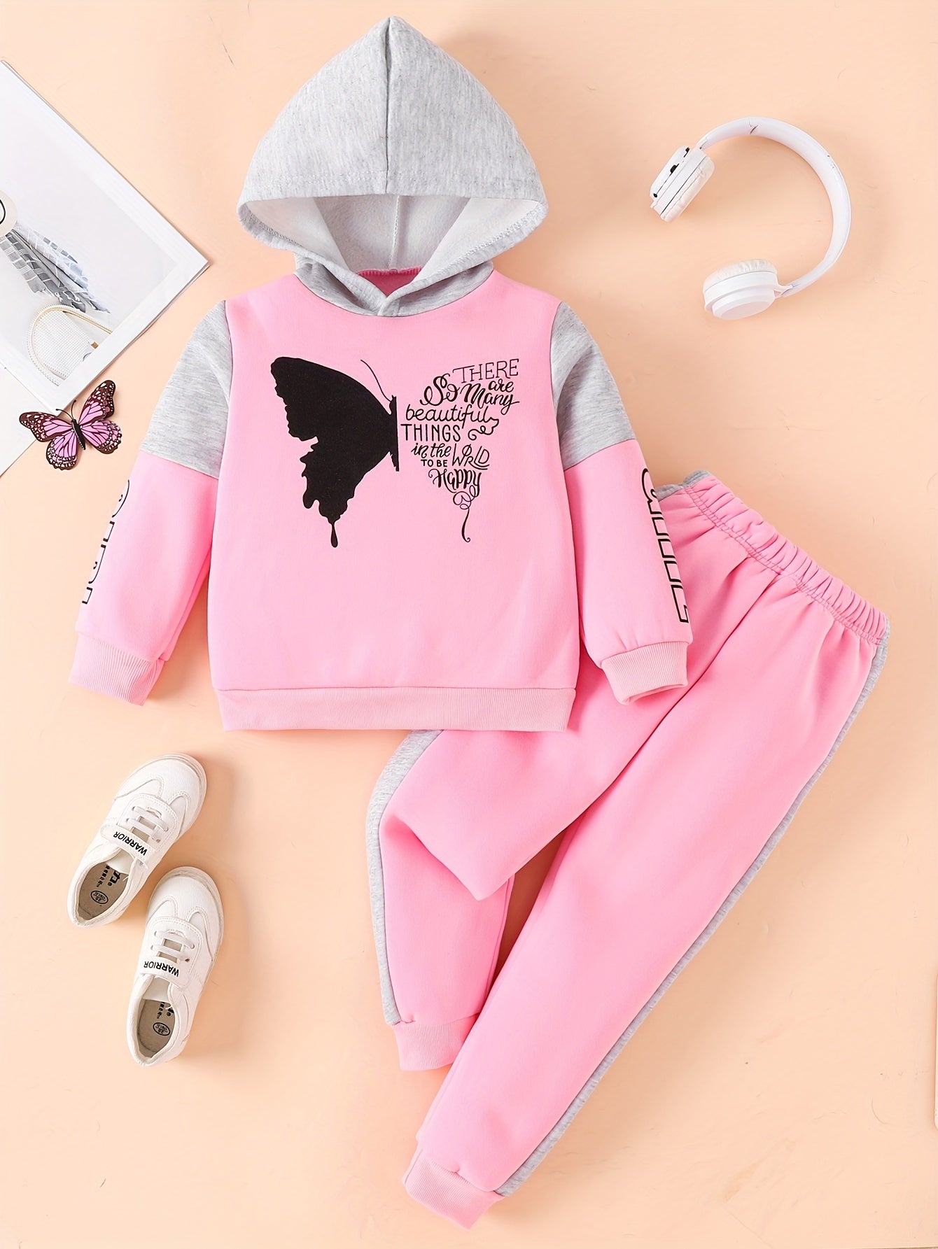 2-piece girls' fleece hoodie sweater with butterfly print trousers - Angel