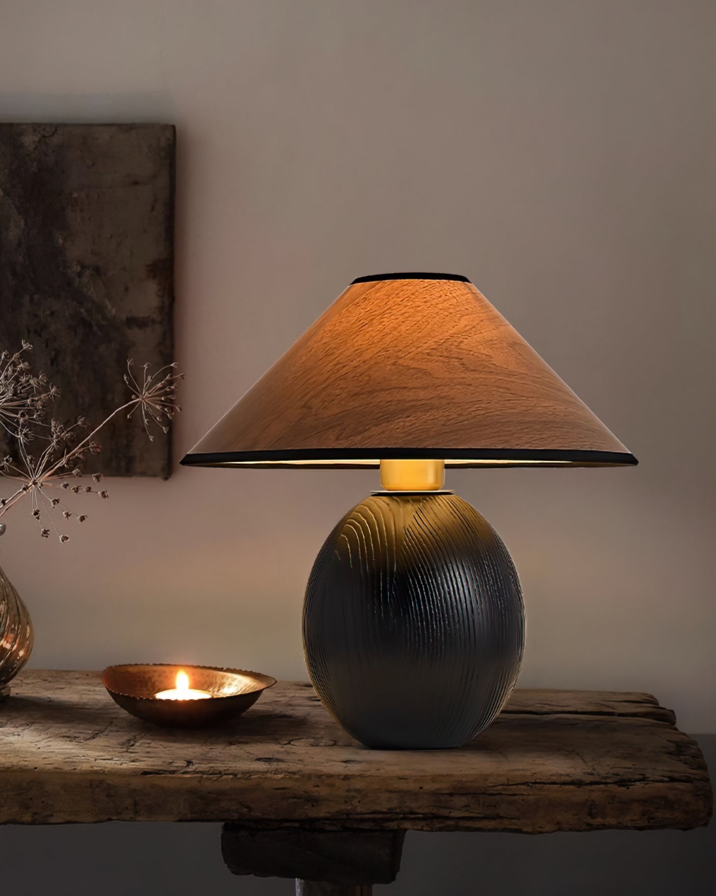 RusticShine - Lampe de table élégante en noyer et bois noir