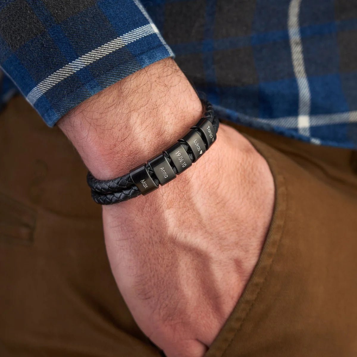 PaternalElegance - Bracelet en cuir avec perles gravées