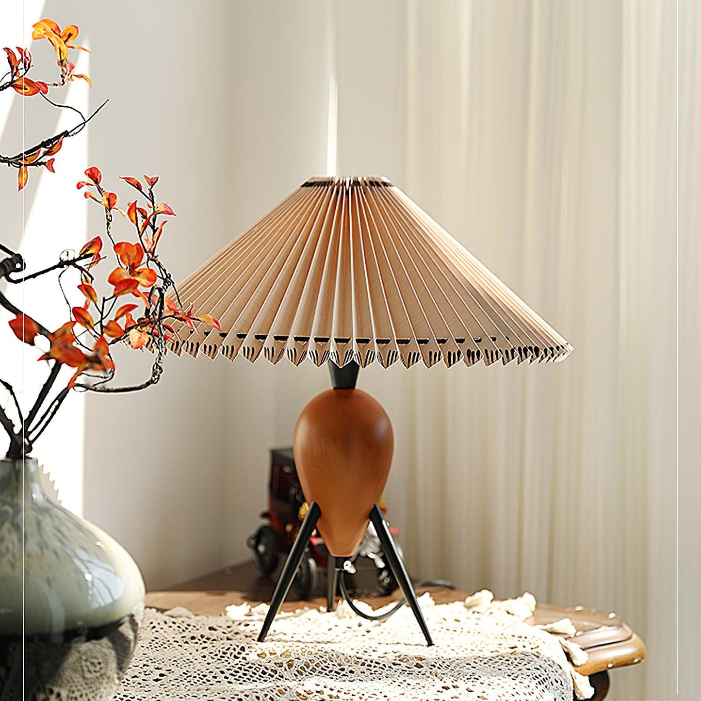 NatureBeam - Tripod LED Lamp with Walnut and Fabric Shade