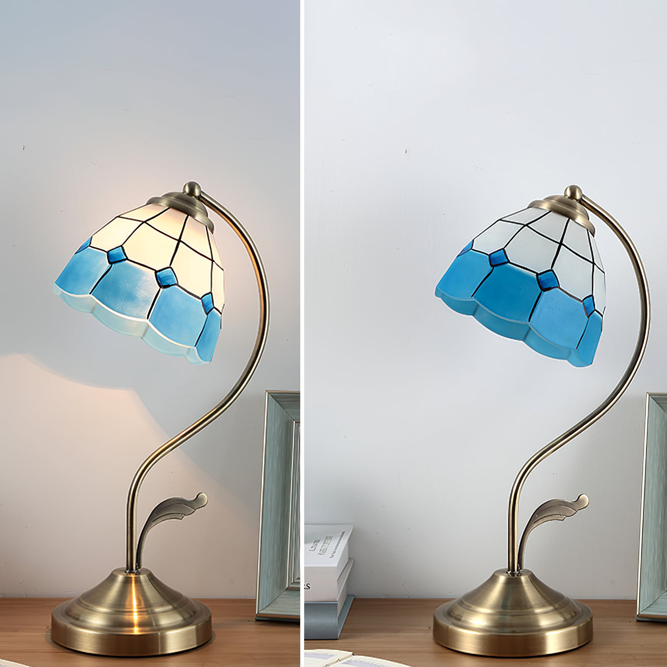 EleganceBloom – Guld bordlampe med hvid og blå glasblomst