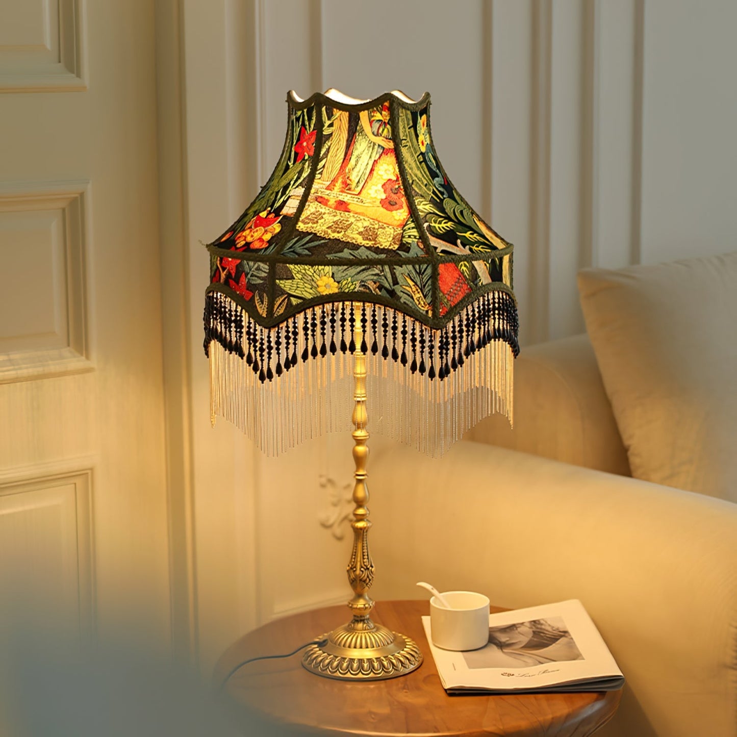 VintageBloom - Lampe de table avec motif floral français et franges