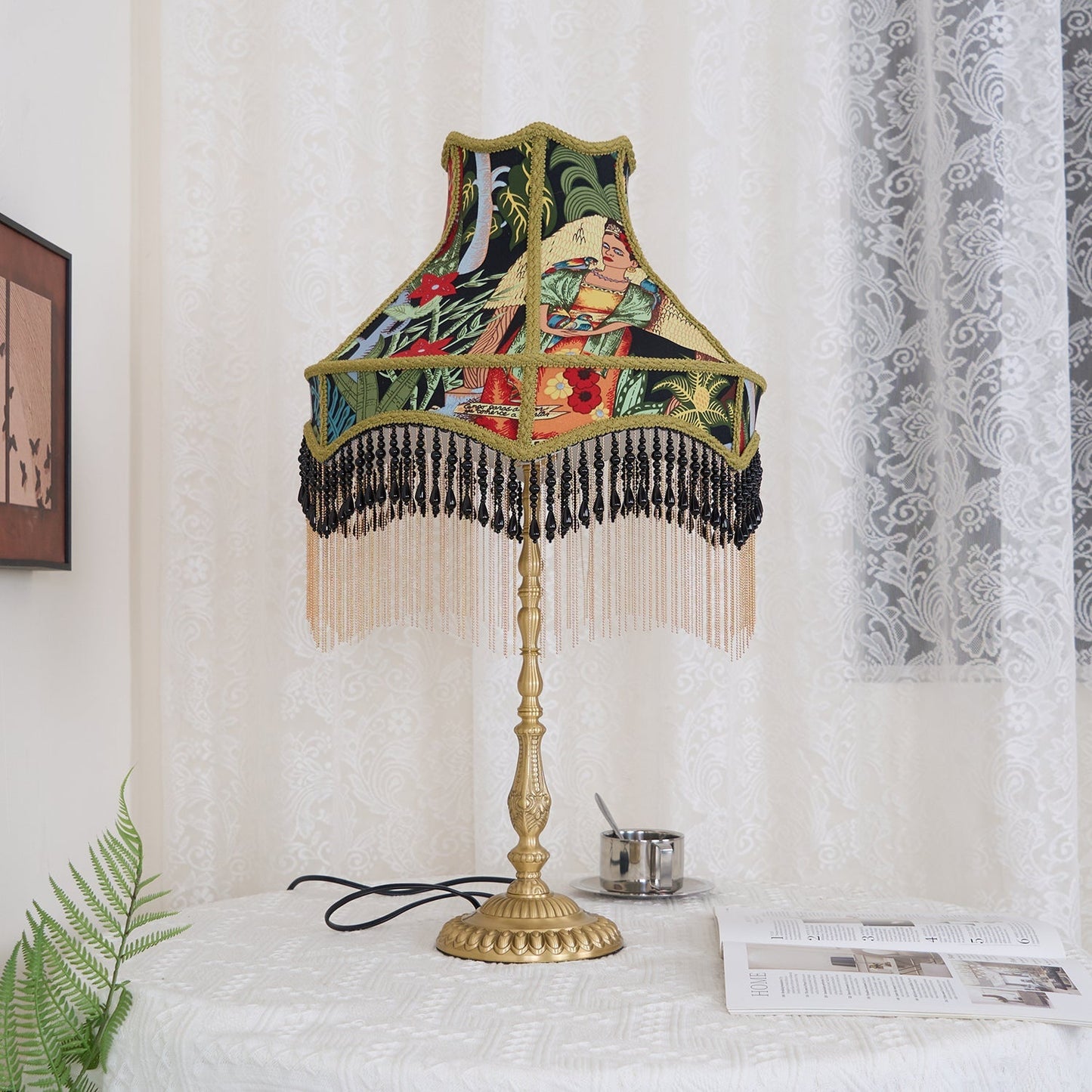 VintageBloom - Lampe de table avec motif floral français et franges
