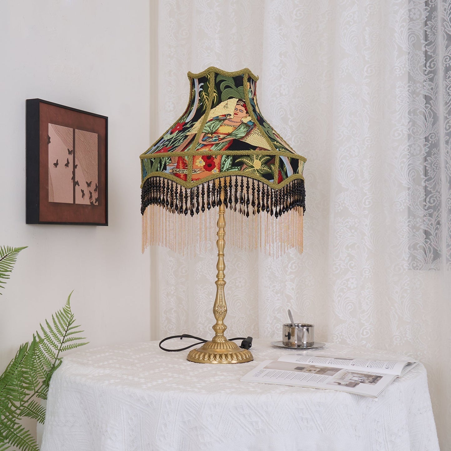 VintageBloom - Lampe de table avec motif floral français et franges