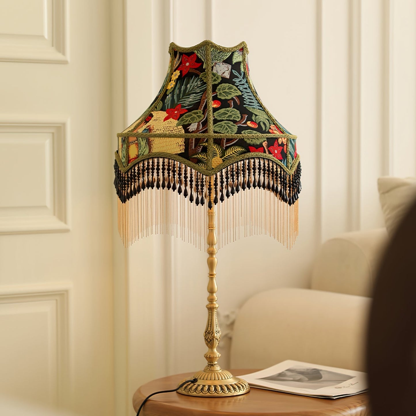VintageBloom - Lampe de table avec motif floral français et franges