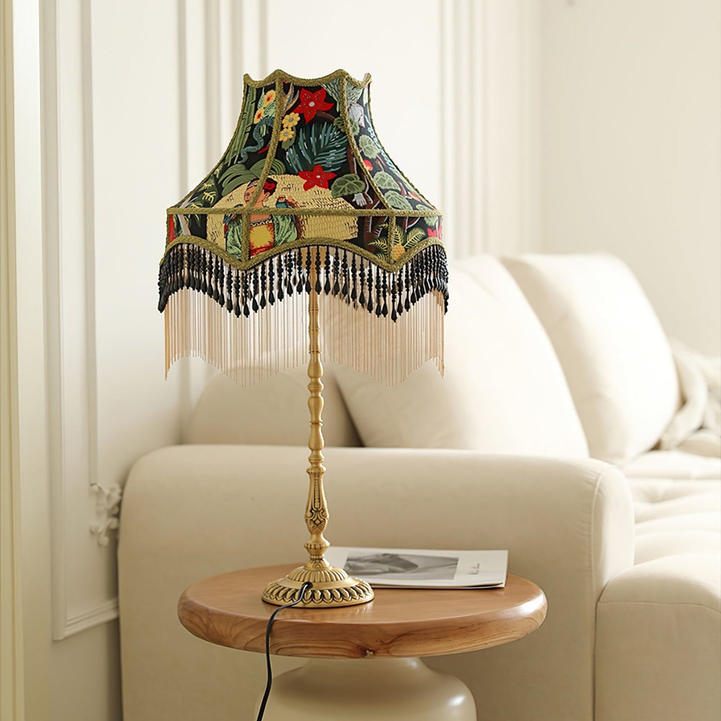 VintageBloom - Lampe de table avec motif floral français et franges