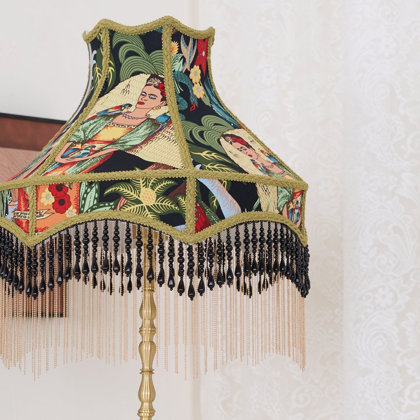 VintageBloom - Lampe de table avec motif floral français et franges