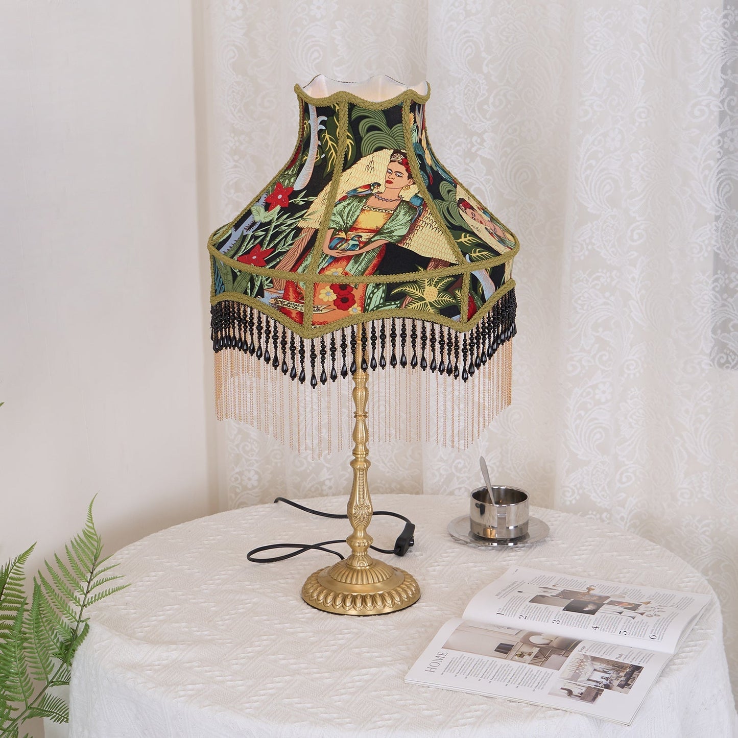 VintageBloom - Lampe de table avec motif floral français et franges
