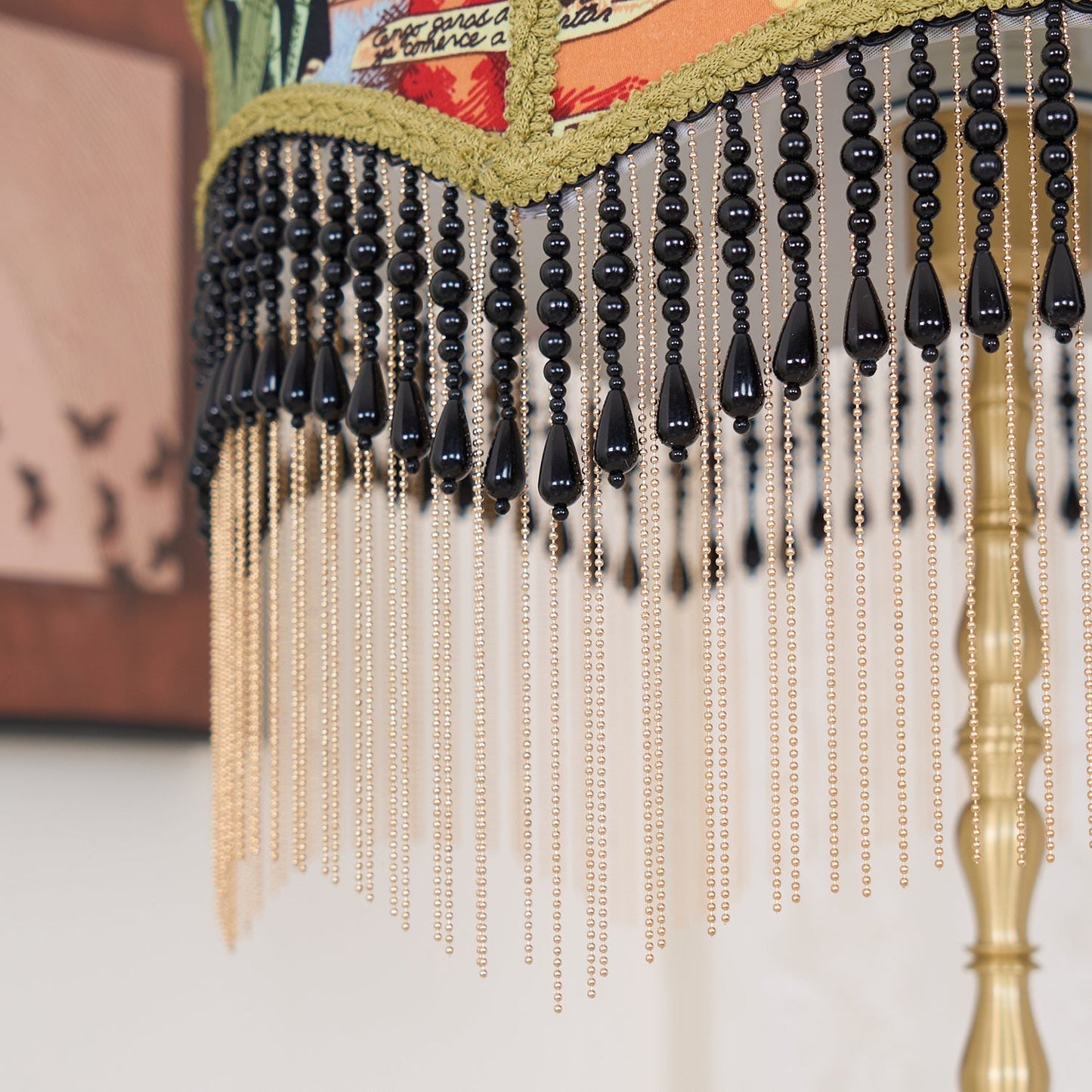VintageBloom - Lampe de table avec motif floral français et franges
