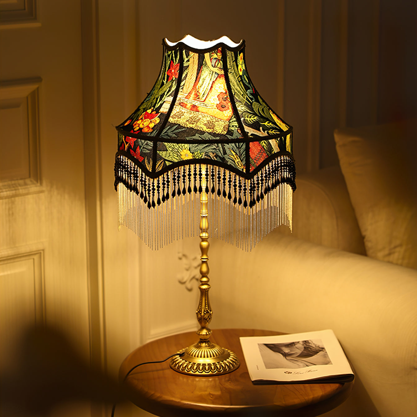 VintageBloom - Lampe de table avec motif floral français et franges