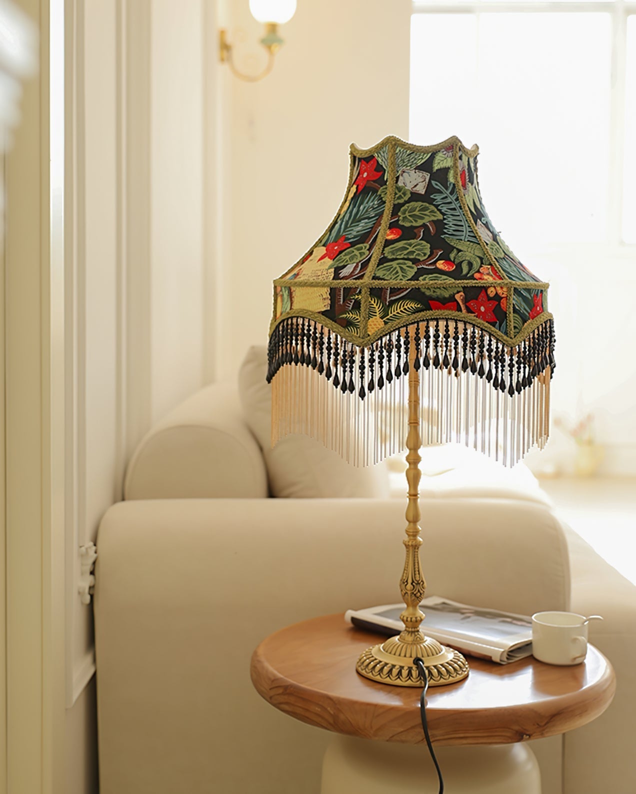 VintageBloom - Lampe de table avec motif floral français et franges