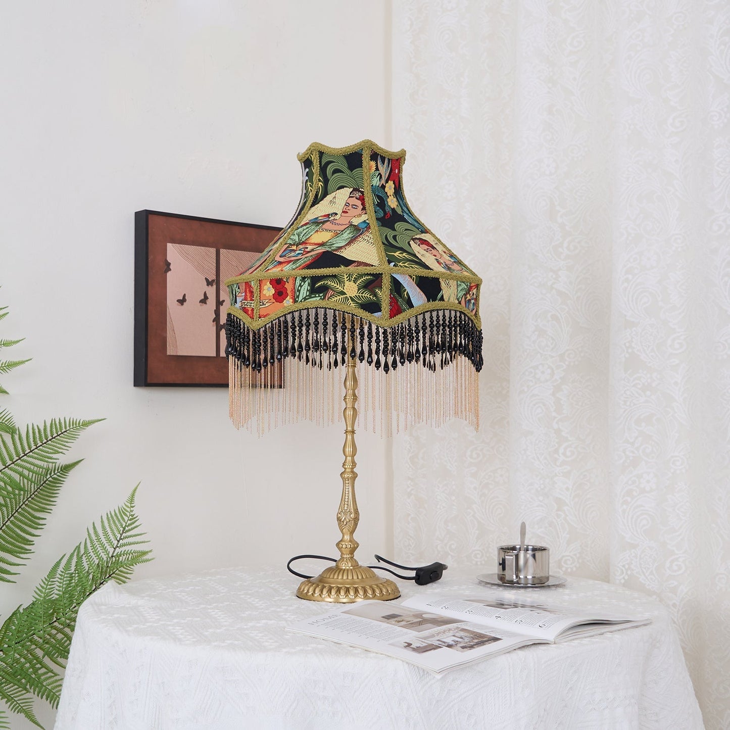VintageBloom - Lampe de table avec motif floral français et franges