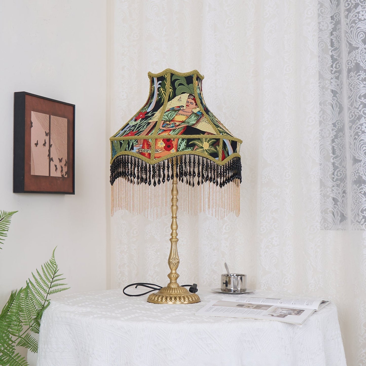 VintageBloom - Lampe de table avec motif floral français et franges